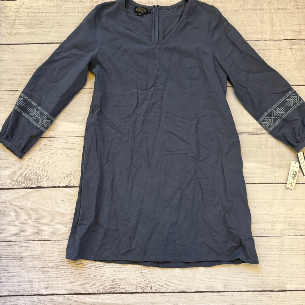 Pendleton Size Petite Large Blue Embroidered Sleeve V-Neck Dress Cotton Linen